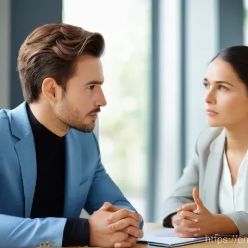 Home 2 소통을 통한 문제 해결 방법 - **Prompt 1: The Art of Active Listening and Empathy**
"A diverse group of two professionals, one...