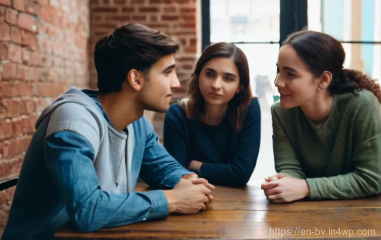 신뢰를 얻기 위한 커뮤니케이션 기술 - **Prompt:** A diverse group of three young adults (one man, two women, all in their mid-20s) engaged...