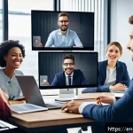 Home 19 상대방의 커뮤니케이션 방식을 이해하는 법 - A diverse group of professionals engaged in a video conference call, showing expressive body languag...