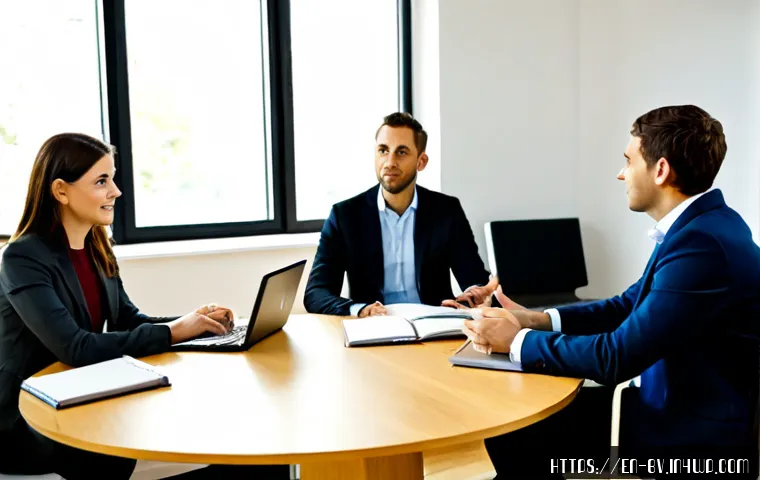 소통이 원활한 팀워크 구축하기 - Photorealistic diverse office team of five adults seated around a clean round conference table, acti...